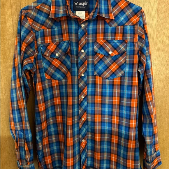 Wrangler Other - Wrangler Kids Youth Western Plaid Pearl Snap Shirt XL (14-16) Orange Blue